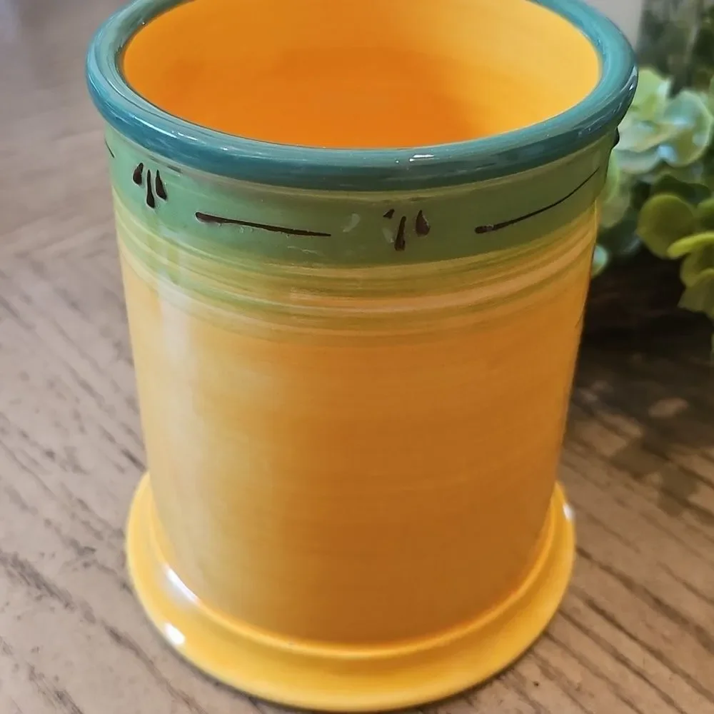 Hand-Painted Yellow Ceramic Utensil Holder with Olive Motif NWOT